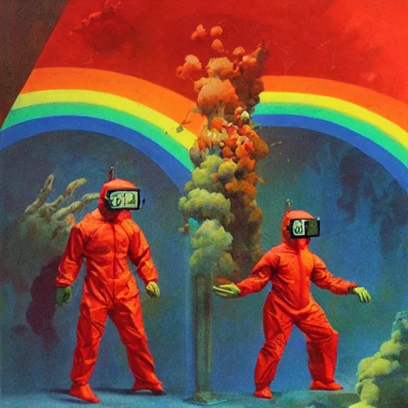 Prompt: two scientist wearing red hazmat suits in a band, entering the geometric rainbow crystal dimensional gateway by frank frazetta