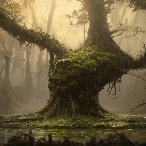 Image similar to living tree, tree has legs and eyes, in the shape of a frog, swamp, greg rutkowski, trending on art station, magic the gathering, 4 k, matte painting