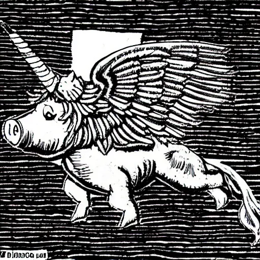 Image similar to winged flying pig with unicorn horn, richard corben style, black and white, stipple