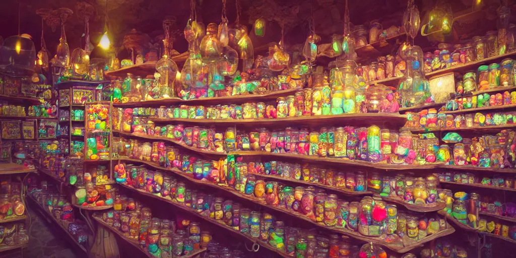 Prompt: Inside an old magical sweet shop, large jars on shelves, beautiful labels, fantasy vendor interior, wide angle, cinematic, highly detailed, rich bright colors, trending on artstation, trending on cgsociety