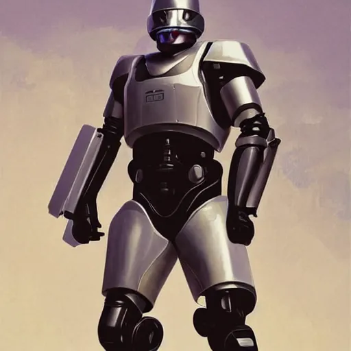 Image similar to greg manchess portrait painting of james murphy the robocop as overwatch character, aesthetic, medium shot, asymmetrical, profile picture, organic painting, sunny day, matte painting, bold shapes, hard edges, street art, trending on artstation, by huang guangjian and gil elvgren and sachin teng