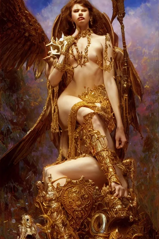 Image similar to full body portrait of seraphim queen sitting on her bone throne, highly detailed painting by gaston bussiere, craig mullins, j. c. leyendecker, 8 k, mid shot