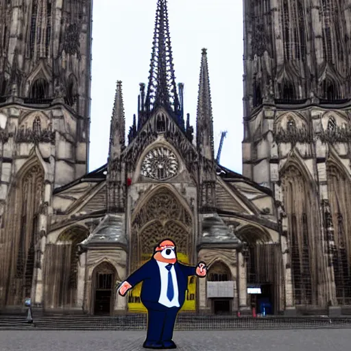 Image similar to Peter griffin in front of koln cathedral, he is dancing and doing the griddy