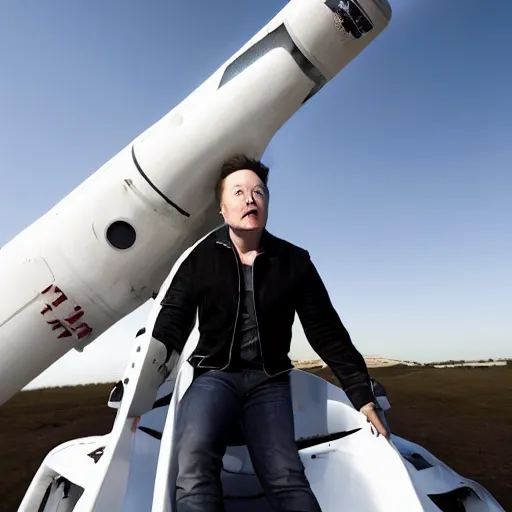 Image similar to Elon Musk holding on to a rocket as it takes off from the launching pad, he is screaming,