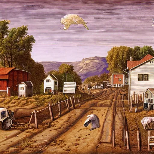 Prompt: wide-angle painting of a farm and town with a street, on mars, by charles wysocki