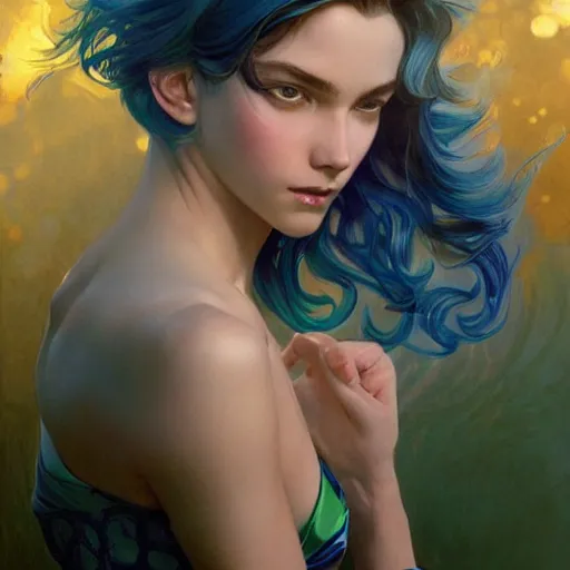 Prompt: teen, boys, twins, azure hair, malachite hair, short hair, elegant, intricate, artstation, digital painting, highly detailed, sharp focus, by artgerm and greg rutkowski and alphonse mucha