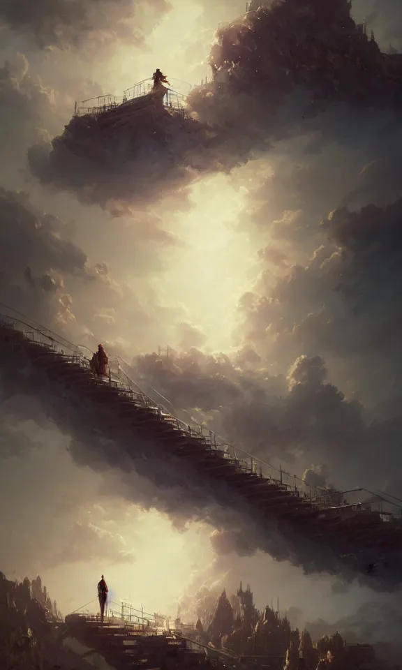 Image similar to endless stairs to universe, sky full of clouds, art by greg rutkowski and peter mohrbacher, featured in artstation, octane render, cinematic, elegant, intricate, ultra detailed, rule of thirds, professional lighting, unreal engine, fantasy, concept art, sharp focus, illustration, 8 k