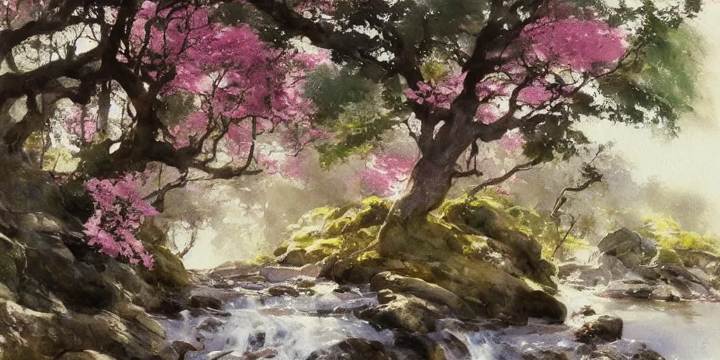 Prompt: abstract watercolor painting of wild waterfall, oak trees, rocky shore, sunshine, pastel!! pink accents, art by anders zorn, wonderful masterpiece by greg rutkowski, very very very beautiful cinematic light, american romanticism by greg manchess, creation by tyler edlin