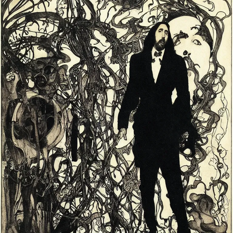 Prompt: nicholas cage stands in a black room with a black dress with a cut - out on the back, anton pieck, jean delville, amano, yves tanguy, alphonse mucha, ernst haeckel, edward robert hughes, stanisław szukalski and roger dean