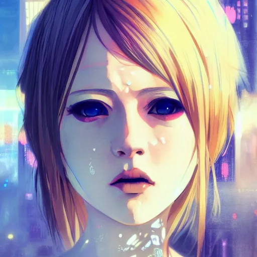 Prompt: portrait Anime girl cyberpunk, cute-fine-face, dark skin, white-hair pretty face, realistic shaded Perfect face, fine details. Anime, cyberpunk. realistic shaded lighting by Ilya Kuvshinov and Gustav Klimt