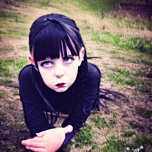 Prompt: goth girl, 7 years old, nature photography