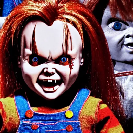 Prompt: Chucky the killer doll from the movie Child's Play surrounded by an army of evil dolls, movie still 8k hdr