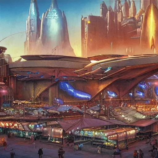 Prompt: a medieval marketplace next to a cyberpunk spaceport spaceship dock. used future aesthetic. digital matte painting by james gurney and david mattingly.