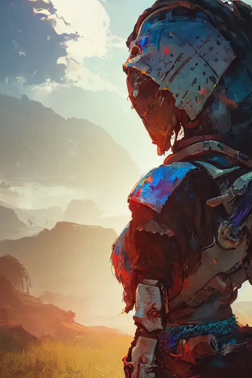 Image similar to combination suit armor aloy horizon forbidden west horizon zero dawn radiating a glowing aura global illumination ray tracing hdr fanart arstation by ian pesty and alena aenami artworks in 4 k tribal robot ninja mask helmet backpack