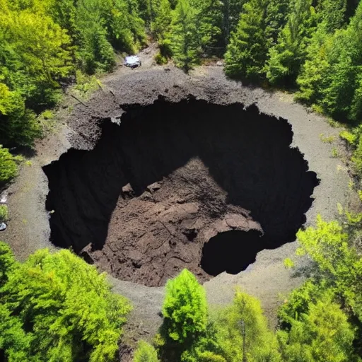 Image similar to a large sinkhole in the middle of a forest, aerial view, creepy