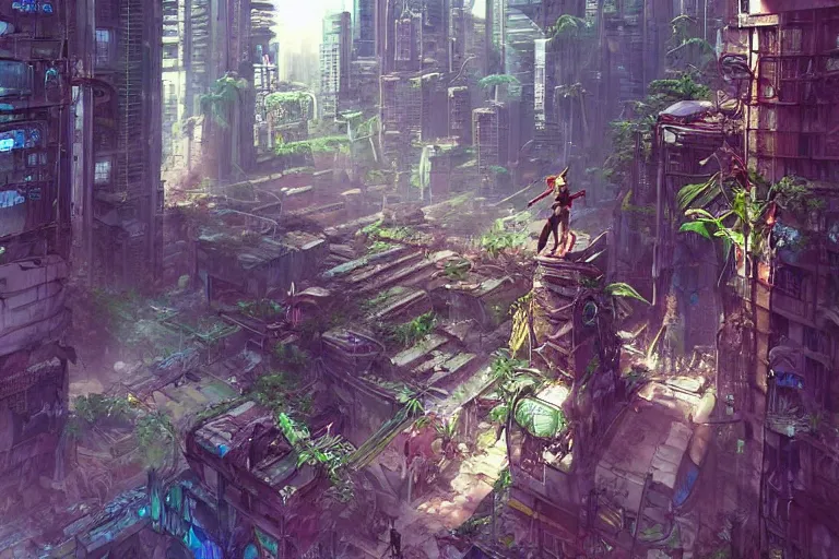 Image similar to a cyberpunk city in ruins, jungle plants overgrowing the streets and buildings, cats!! run through the ruins, drinking from pools of water and climbing on old fallen signs, by artgerm and amano and rutkowski and kincaid, trending on artstation