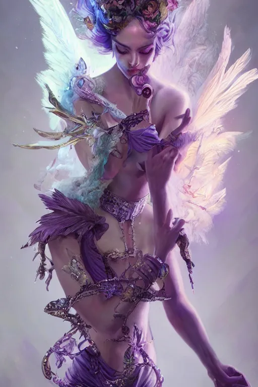 Prompt: beautiful model wearing crystal white feather, sorcerer in purple ornate,, diamonds, angel, fantasy, dramatic lighting, highly detailed, digital painting, holding electricity, magic the gathering, hyper detailed, 3 d render, hyper realistic detailed portrait, peter mohrbacher, wlop, ruan jia