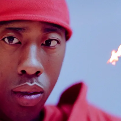 Image similar to cinematic film still of rapper Tyler The Creator starring as a Japanese Sensei with fire, Japanese CGI, VFX, 2003, 40mm lens, shallow depth of field, film photography