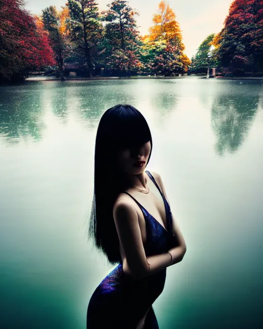 Image similar to wide angle closeup shot, flash long exposure photography of asian woman fashion posing in the lake, russian modern photoshoot, digital illustration by ruan jia, sharp focus, high details