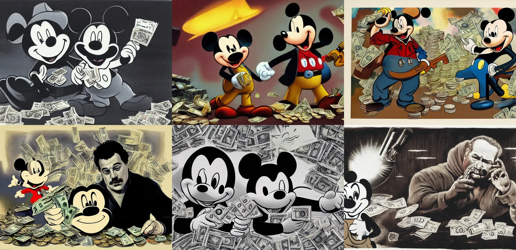 Prompt: engraving of Pablo Escobar with a Ak47 and mickey mouse counting money by John Kricfalusi and Frank Frazetta , epic composition, Volumetric light