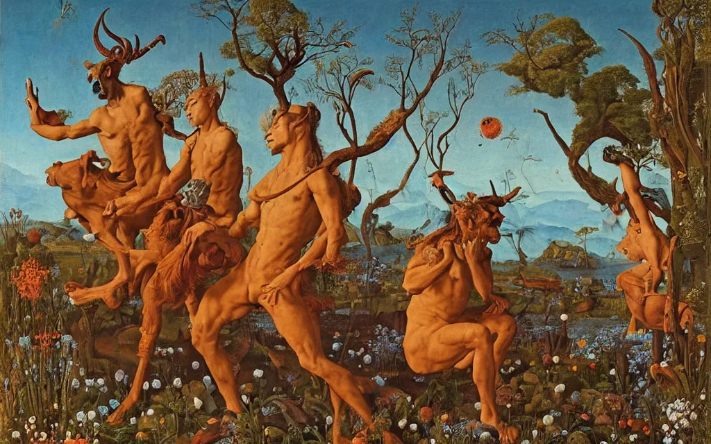 Image similar to a portrait photograph of a meditating satyr and a centaur monk riding a rocket machine and hunting at a river delta. surrounded by bulbous flowers and trees. mountain range under a blue sky of fiery stars. by jan van eyck, max ernst, ernst haeckel, ernst fuchs and artgerm, cgsociety, fashion editorial, 8 k