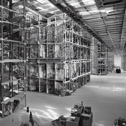 Prompt: scientists inventing future technology in a warehouse in 1 9 7 0, black and white, hyper realistic, 4 k, highly ornate intricate details, sharp image, incredible detail,