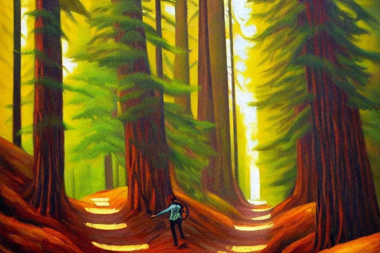 Image similar to a stunning wpa style painting of a man walking down a mysterious path in a redwood forest, award winning art