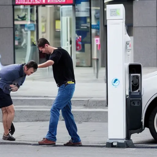 Prompt: man kicked in the head by a foot coming through the handset of a pay phone