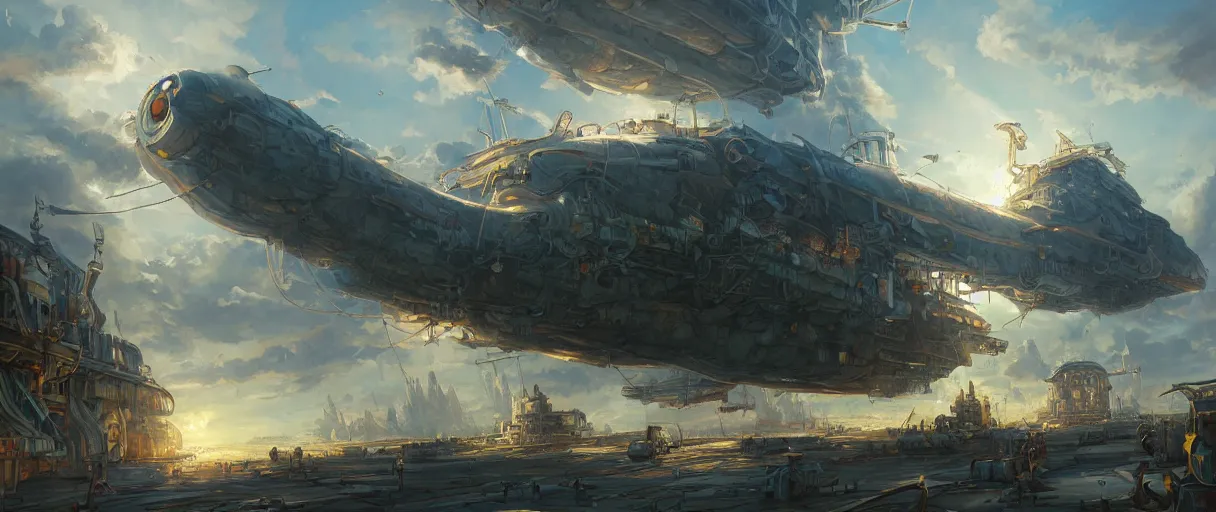 Prompt: a beautiful and detailed illustration of an airship port in a cloudpunk world by Jesper ejsing , cinematic atmosphere, establishing shot, viewed from below