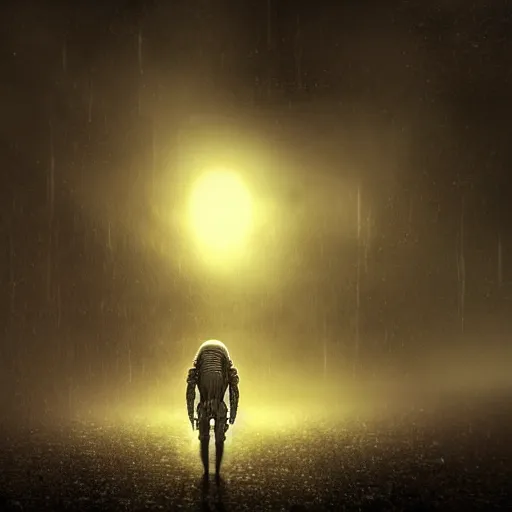 Image similar to a alien exploring earth gloomy, dark, foggy, night, ominous, dark color, atmospheric, cinematic lighting, intricate detail?