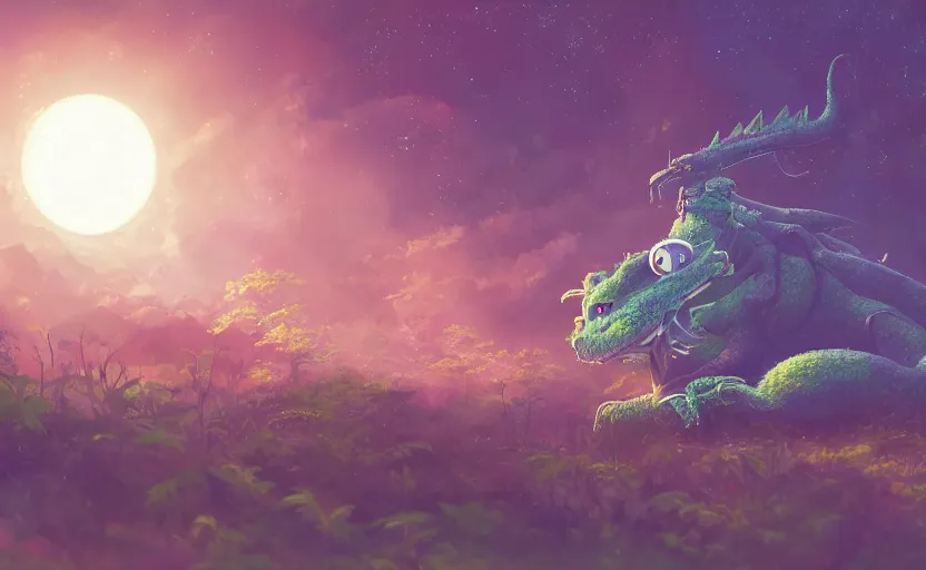 Image similar to a still of a cute adorable tiny astronaut, on a planet of lush foliage, with an enormous kaiju dragon surrounding, magical forest, sharp focus, neon backlit, highly detailed, disney pixar studio ghibli makoto shinkai, digital painting, matte, octane render, global illumination, iridescent, anime, 8 k concept art