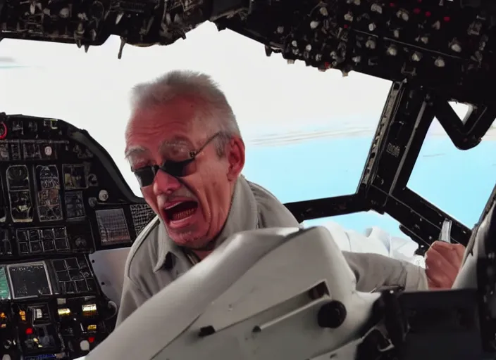 Prompt: old man screaming in the cockpit of a fighter jet going very fast