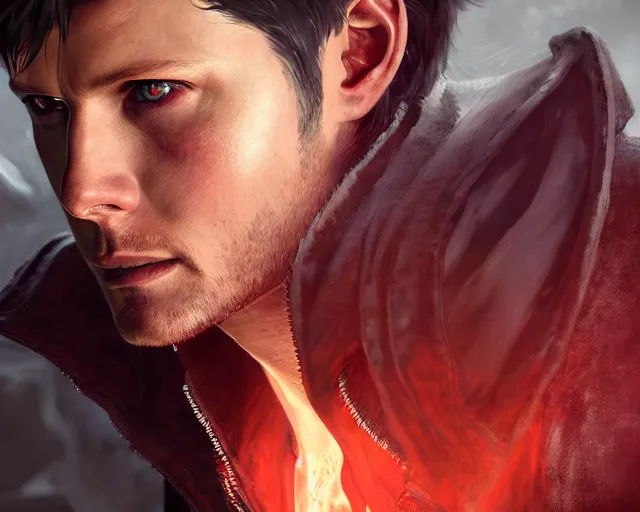 Image similar to highly detailed portrait of jensen ackles as dante, in devil may cry 5, stephen bliss, unreal engine, fantasy art by greg rutkowski, loish, rhads, ferdinand knab, makoto shinkai and lois van baarle, ilya kuvshinov, rossdraws, tom bagshaw, global illumination, radiant light, detailed and intricate environment