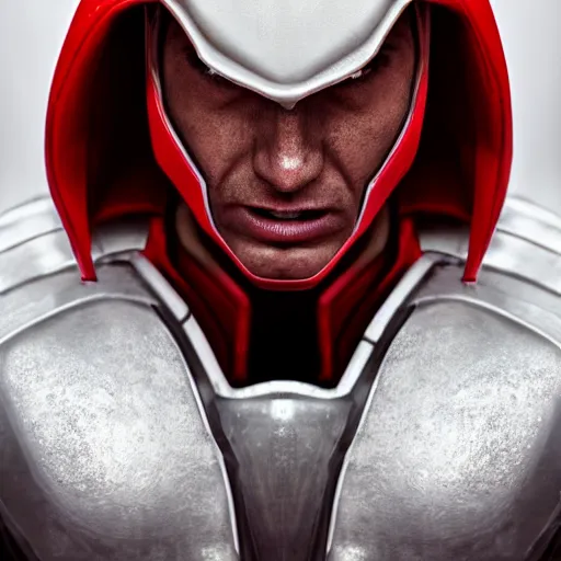 Image similar to portrait of a tall muscular infantry man in glossy sleek white armor with a few red details and a long red cape, heroic posture, deermined expression, on the surface of mars, night time, dramatic lighting, cinematic, sci-fi, hyperrealistic, movie still