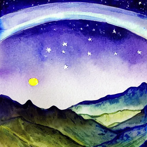 Image similar to a beautiful night sky in water color with moon and stars by ansel adams