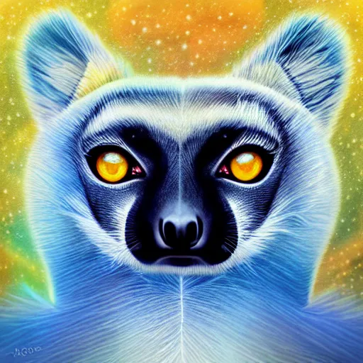 Image similar to Geometric symmetrical lemur with galaxy eyes in space, nebula in the background, intricate, elegant, highly detailed, digital painting, artstation, concept art, smooth, sharp focus, illustration, art by artgerm