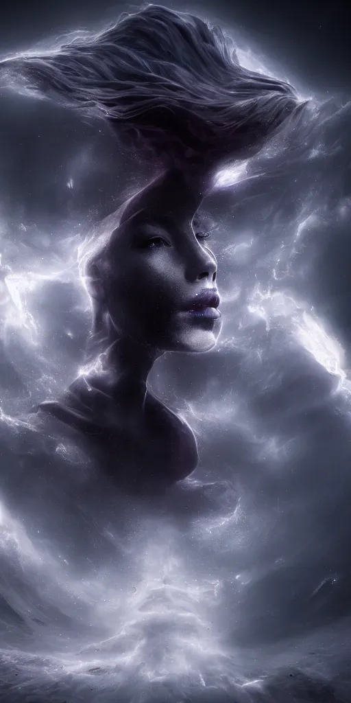 Prompt: stunning otherworldly goddess of beauty rising from the void, dark and mysterious, stopped in time, atmospheric, ominous, eerie, cinematic, Epic, 8k, 4k, ultra detail, ultra realistic, rendered by awesomeness, 8k,