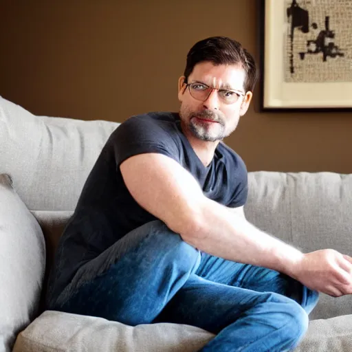 Image similar to 4 0 yo handsome man is sitting gracefully on a sofa