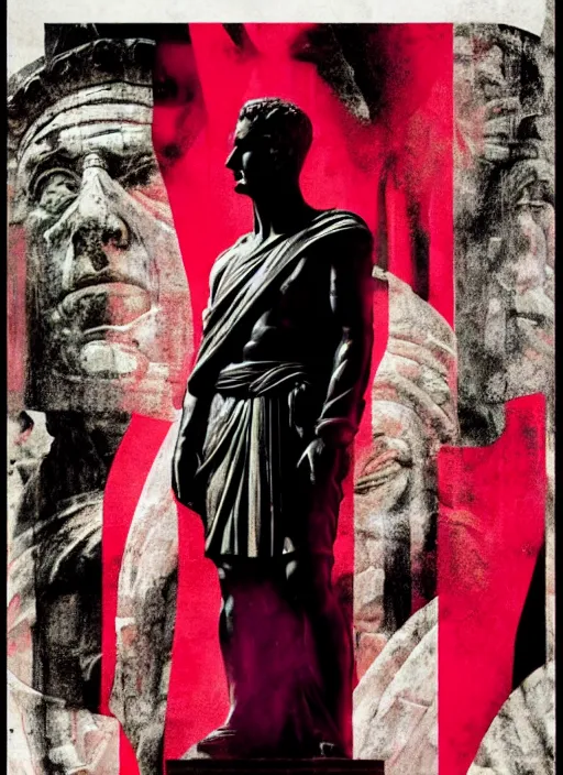 Image similar to design poster showing a statue of julius caesar, black background with very subtle red and purple design elements, powerful, nekro, guido crepax, graphic design, collage art, thin lines, dark, glitch art, neo vaporwave, gritty, layout frame, square, trending on artstation