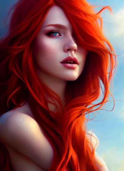 Prompt: a gorgeous female with long red hair in the style of stefan kostic, realistic, full body shot, wide angle, sharp focus, 8 k high definition, insanely detailed, intricate, elegant, art by stanley lau and artgerm, floating embers