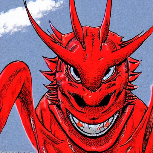 Image similar to big red dragon face on a zoom call. akira style photo