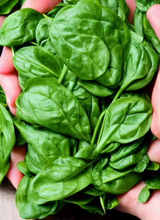 Prompt: home photo spinach in a beautiful hand