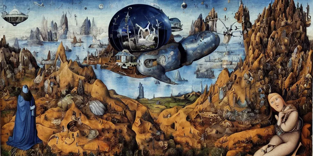 Prompt: a stunningly beautiful hyper-realistic landscape painting by Bosch and Giger and Beardsley under a blue guy with hovering metallic airships and oversized broken dolls