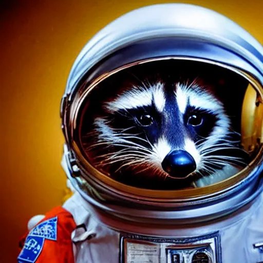 Prompt: realistic photo by annie liebovitz of a raccoon dressed as an astronaut wearing a space helmet