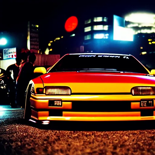 Prompt: a car 300ZX twin turbo drift at illegal car meet, Shibuya prefecture, city midnight mist lights, cinematic lighting, photorealistic, highly detailed wheels, high detail