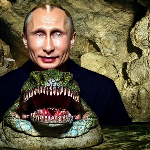 Image similar to photo inside a cavern of a wet reptilian humanoid putin with red eyes, open mouth with big teeth, partially hidden behind a rock with some blingblings