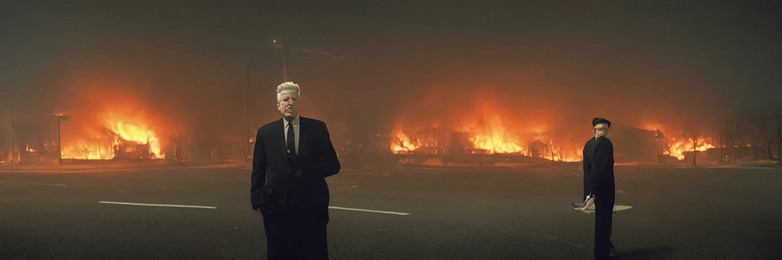 Prompt: medium format photo, cinema still from david lynch movie, sleazy man watching night streets while a single house burns in the background of suburbia, haze, americana, high production value, intricate details, 8 k resolution, hyperrealistic, hdr, photorealistic, high definition, high details, tehnicolor, award - winning photography, masterpiece, amazing colors