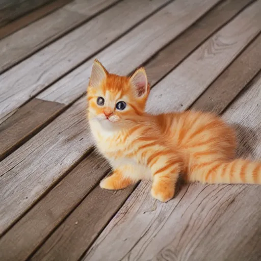 Prompt: cute fluffy orange tabby kitten, wooden floor