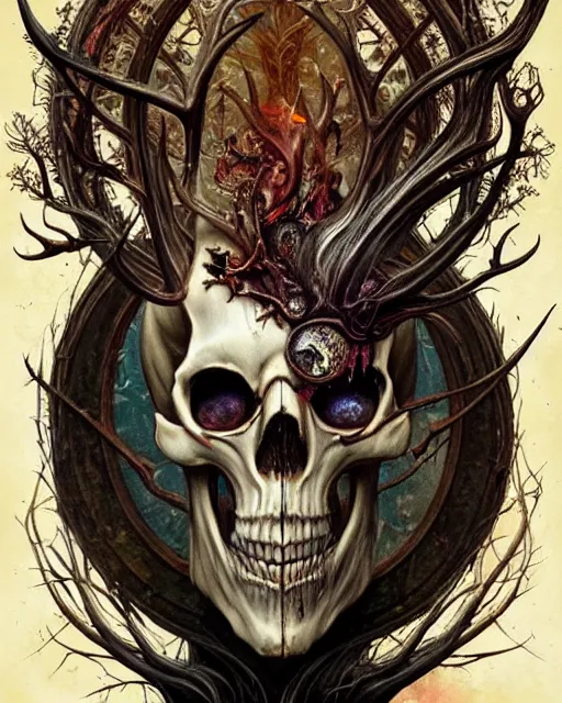 Image similar to perfectly centered portrait front view of a angry dead rotten beautiful dear skull growing ornamentation all around, ornate, detailed, symmetrical, elegant, beautifully soft lit, by wayne barlowe, peter mohrbacher, kelly mckernan