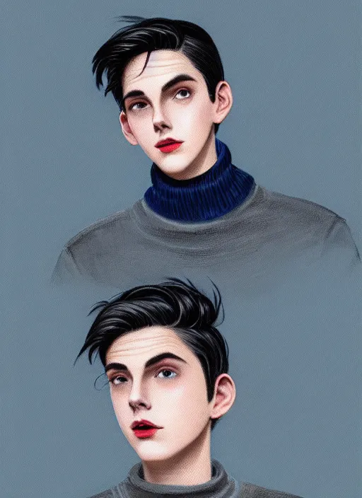 Image similar to portrait of teenage jughead jones wearing a light grey crown, crown, blue turtleneck, 1 9 5 0 s, closed eyes, photorealistic, black hair, glowing lighting, intricate, elegant, glowing lights, highly detailed, digital painting, artstation, concept art, smooth, sharp focus, illustration, art by wlop, mars ravelo and greg rutkowski